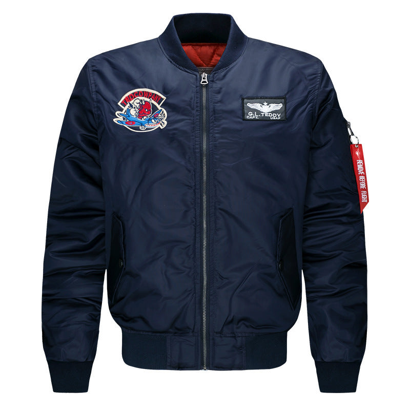 Men's  low-profile flight bomber with embroidered crests sleeve zipper utility pocket and insulated orange lining EB