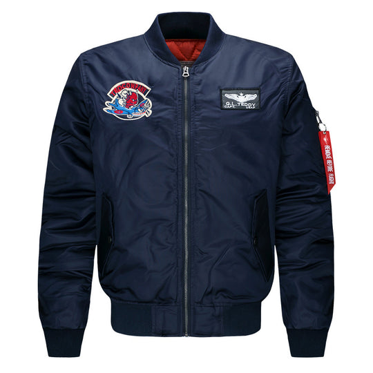 Men's  low-profile flight bomber with embroidered crests sleeve zipper utility pocket and insulated orange lining EB