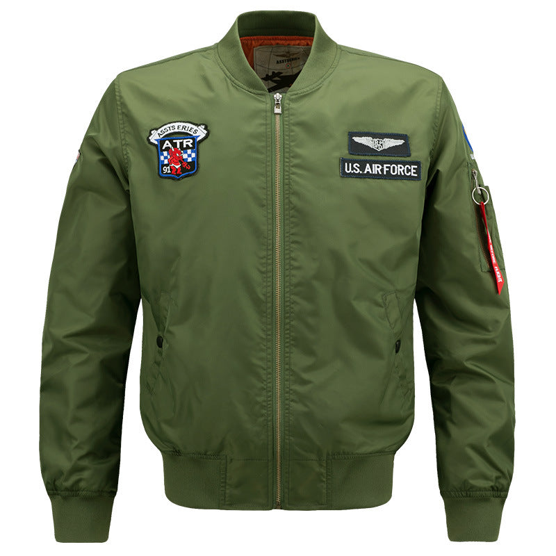 Men's  vintage aviator zip bomber jacket with embroidered squadron badges and tool-ring sleeve pocket EB