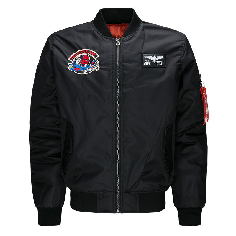 Men's  low-profile flight bomber with embroidered crests sleeve zipper utility pocket and insulated orange lining EB
