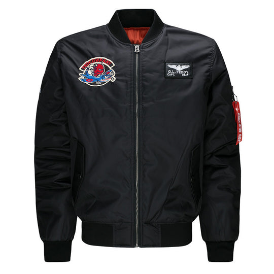 Men's  low-profile flight bomber with embroidered crests sleeve zipper utility pocket and insulated orange lining EB