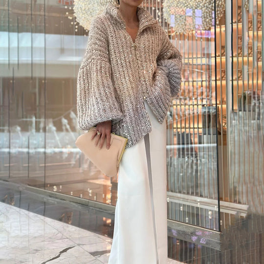 EB | Strickpullover mit Pailletten Ballonärmel Elegant und Handstrick-look
