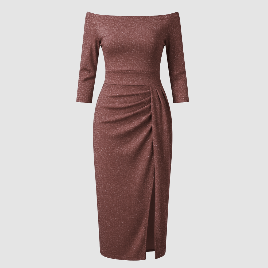 Elegantes Hochzeitsgast Kleid Off Shoulder Lang Satin | EB