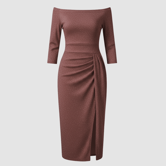 Elegantes Hochzeitsgast Kleid Off Shoulder Lang Satin | EB