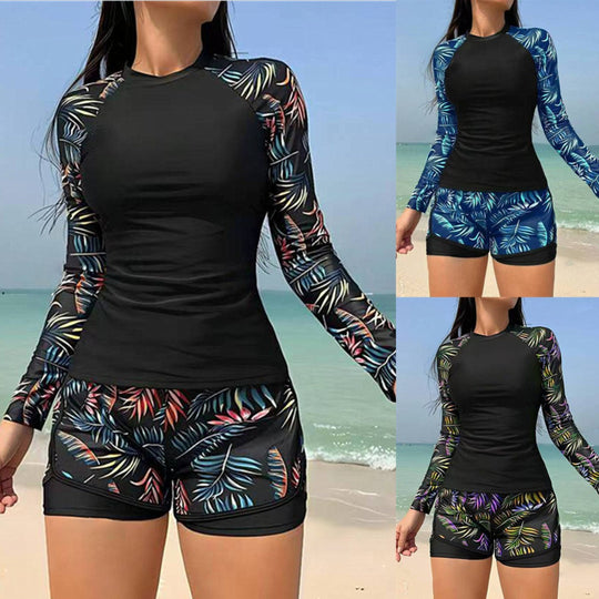 EB | Langarm Print Spleißen Doppelhose Tankini Badeanzug