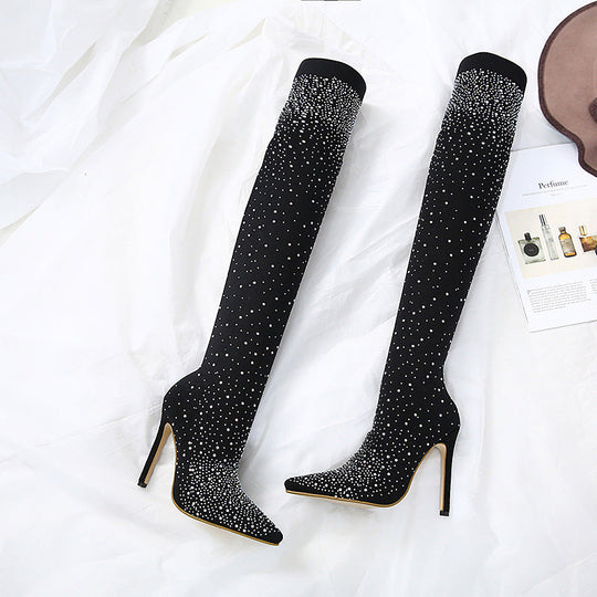 EB | Strass Hohe Stiefel mit Absatz Bis Zum Oberschenkel