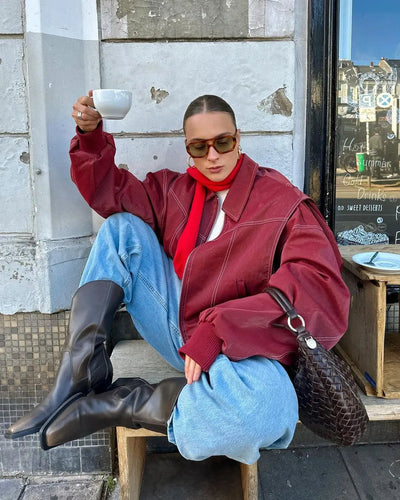 EB | Burgundisch Zip up Jacke in Übergröße mit Kontrastnähten