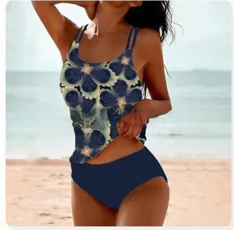 EB | Retro Hochgeschnittenes Bikini mit Stranddruck