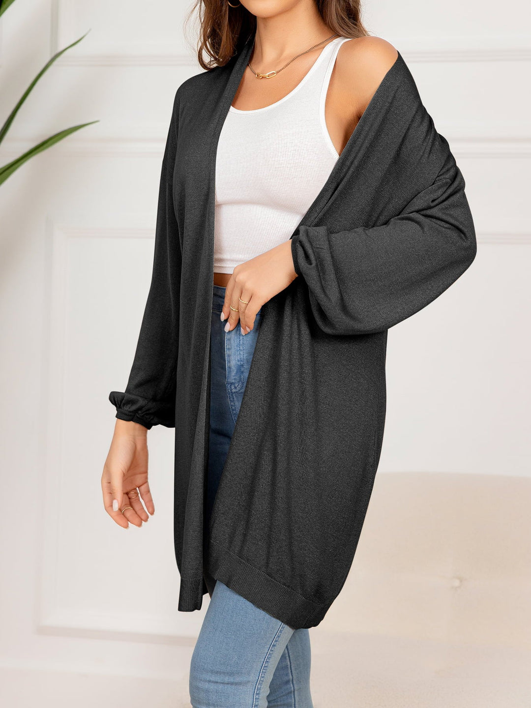 EB | Gefallen Schulter Offene Front Langarm Cardigan