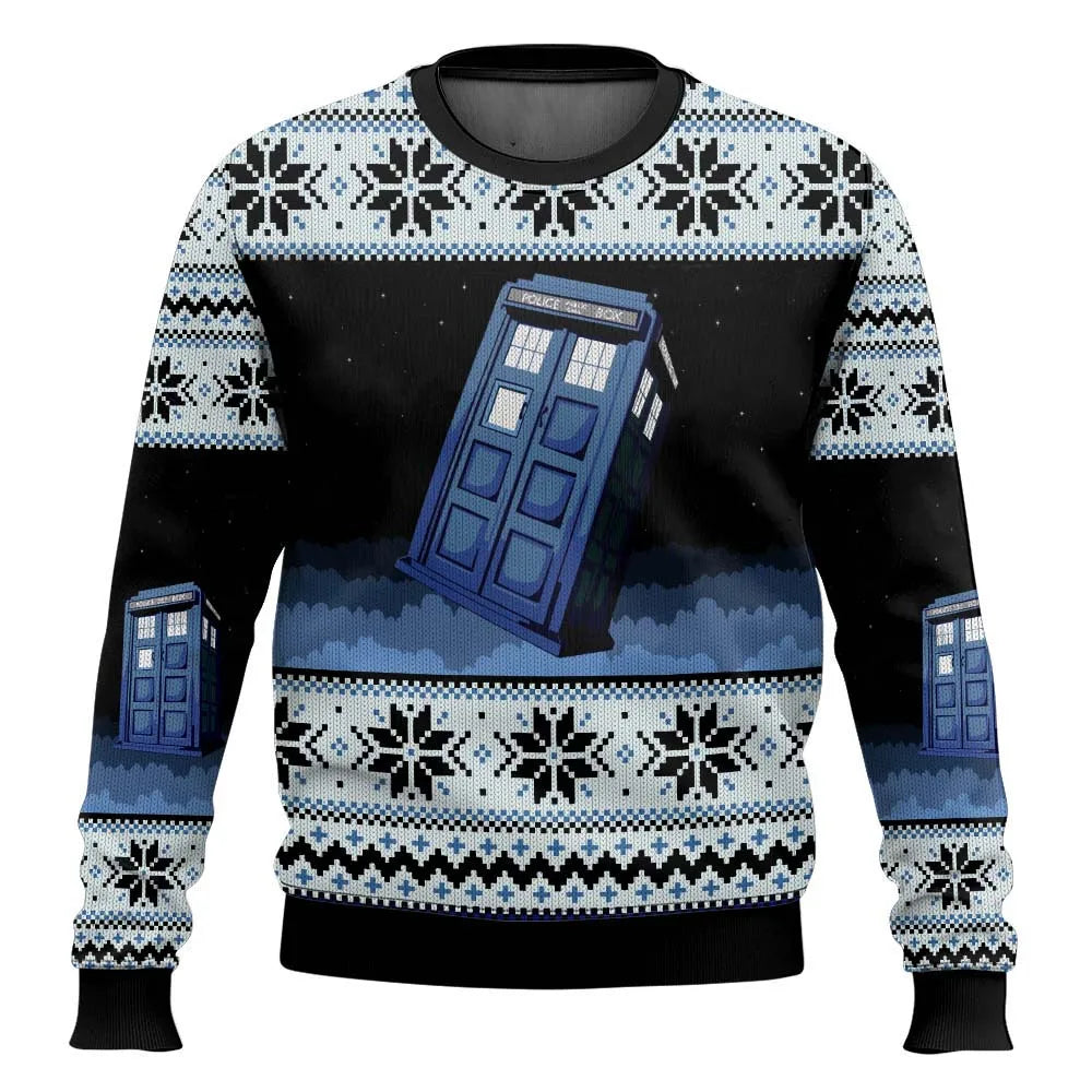 EB | 3D Weihnachtsstrickpullover - Humorvolles Tardis-Design & Wärmer Komfort für die Feiertage