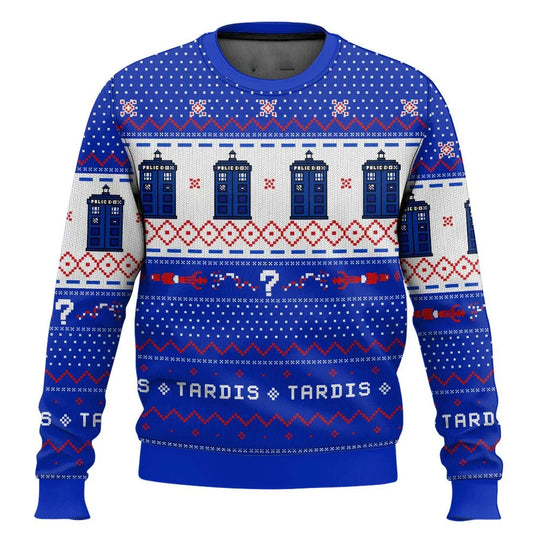 EB | 3D Weihnachtsstrickpullover - Humorvolles Tardis-Design & Wärmer Komfort für die Feiertage