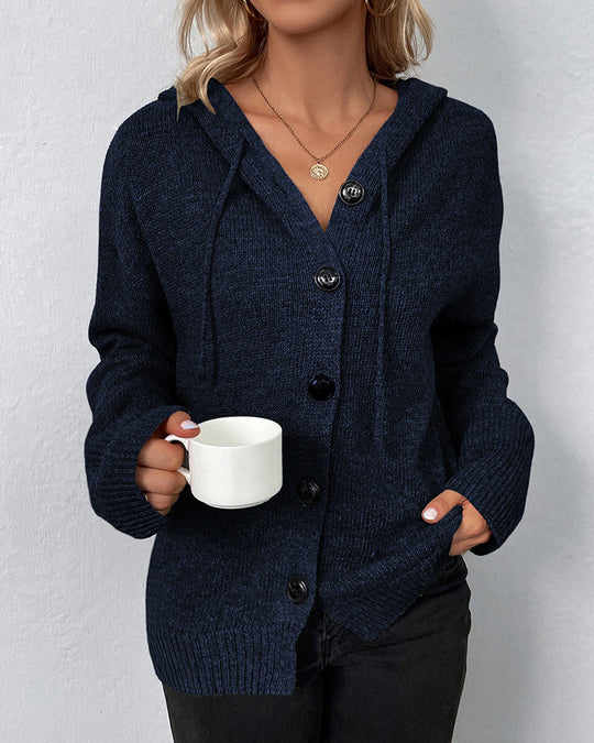 EB | Einfarbige Strickjacke mit Kapuze und Schnürsenkeln