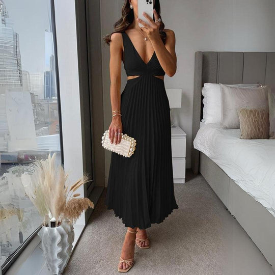 EB | Midi Kleid Ärmellos V-Ausschnitt Twist Front & Cut Out Detail Plissierter Rock
