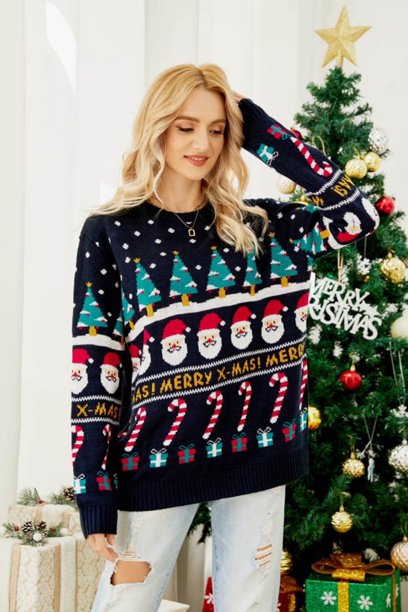EB | Rundhals Locker Sitzendes Weihnachts-Themen Strickpullover