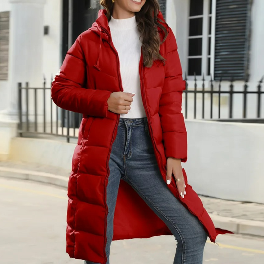EB | Langer Winter-Daunenmantel mit Kapuze und Gürtel für Frauen Ideal für den Winter