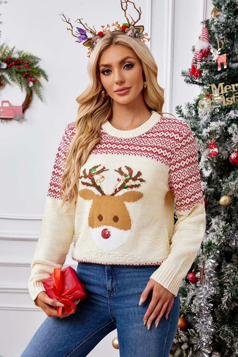 EB | Weihnachtlicher Rundhals bestickter Strickpullover