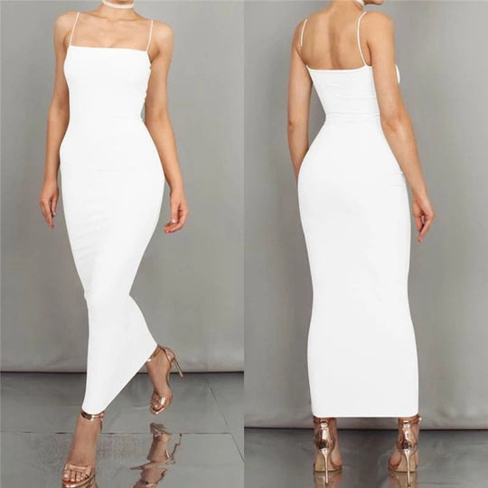 EB | Bodycon Kleid Midi Länge Spaghettiträger Elegant und Figurbetont