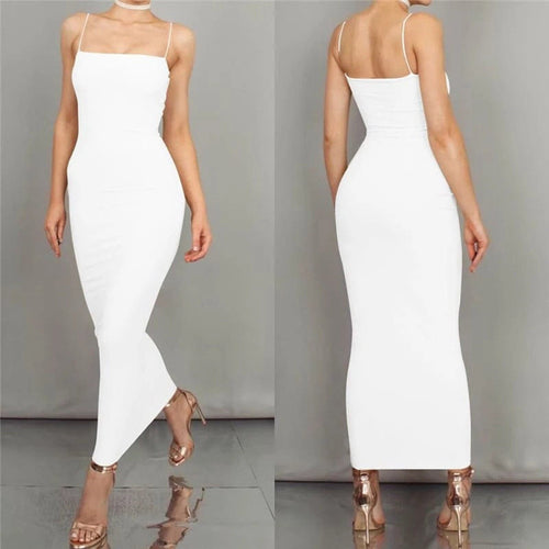 EB | Bodycon Kleid Midi Länge Spaghettiträger Elegant und Figurbetont
