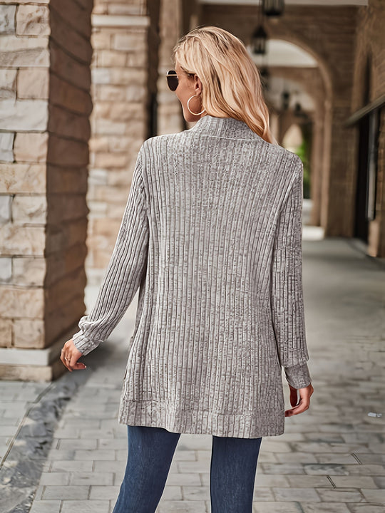 EB | Damen Gerippter Offener Vorderseite Strickjacke Lange Ärmeln Lässig Strickpullover mit Taschen