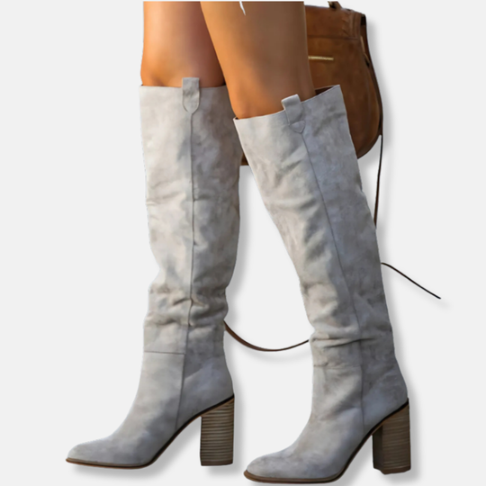 EB | Knöchelhohe Stiefel - Wildlederähnliches Textil - Chunky Blockabsatz - Spitz Zulaufende Zehen