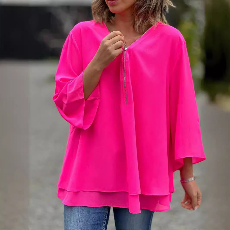 EB | Chiffon Reißverschluss Top mit V-Ausschnitt