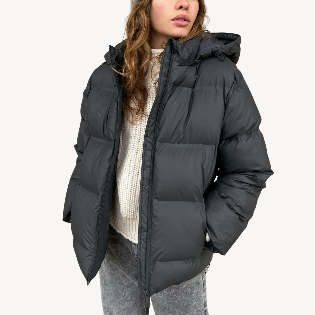 EB | Damen Schwarze Kapuzen-Puffermantel Winter Polyester Jacke