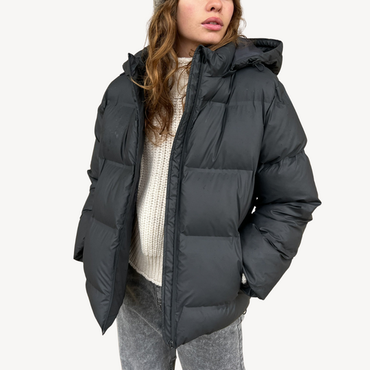 EB | Damen Schwarze Kapuzen-Puffermantel Winter Polyester Jacke