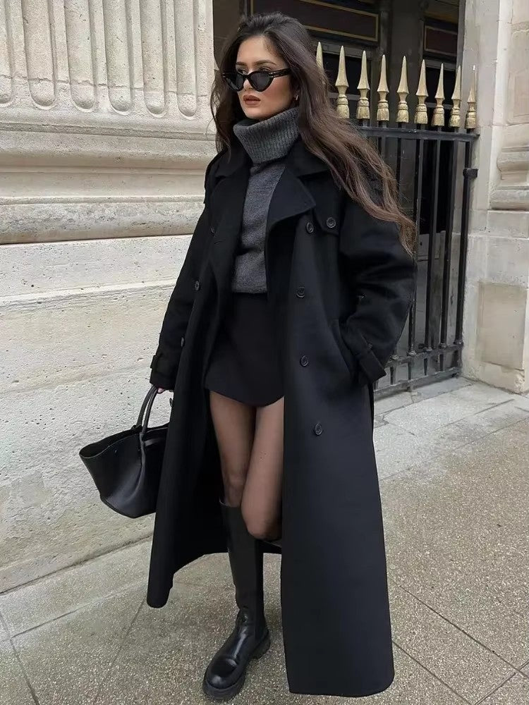 Damen zeitloser Trenchcoat aus hochwertigem Material mit gebundenem Gürtel EB