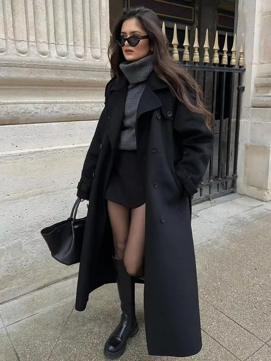 Damen zeitloser Trenchcoat aus hochwertigem Material mit gebundenem Gürtel EB