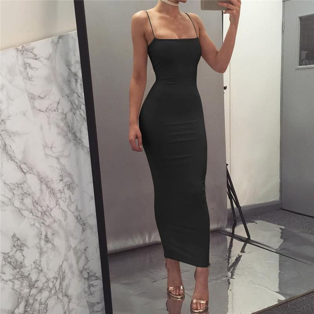 EB | Bodycon Kleid Midi Länge Spaghettiträger Elegant und Figurbetont