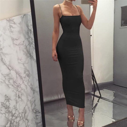 EB | Bodycon Kleid Midi Länge Spaghettiträger Elegant und Figurbetont