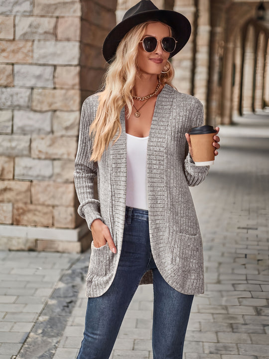 EB | Damen Gerippter Offener Vorderseite Strickjacke Lange Ärmeln Lässig Strickpullover mit Taschen