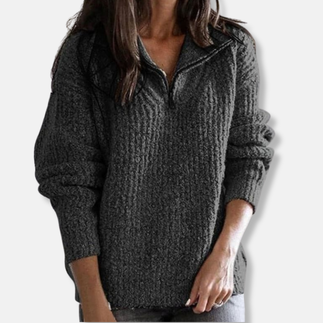 EB | Geripptes Halb-Reißverschluss-Kragenpullover Solider Lässiger Schnitt Pullover
