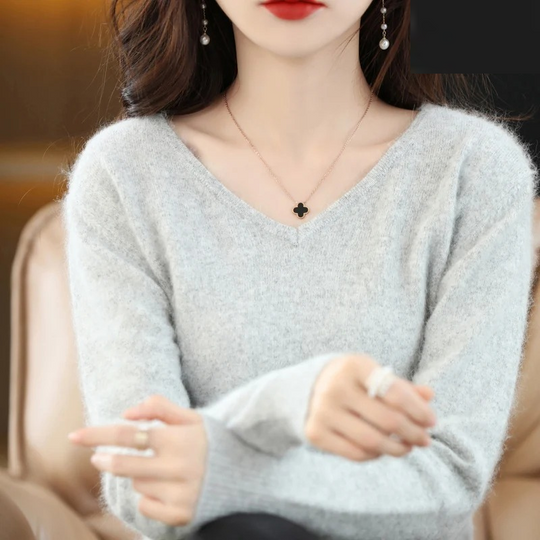 EB | Pullover Damen V-ausschnitt Leichter und Weicher Strickpullover