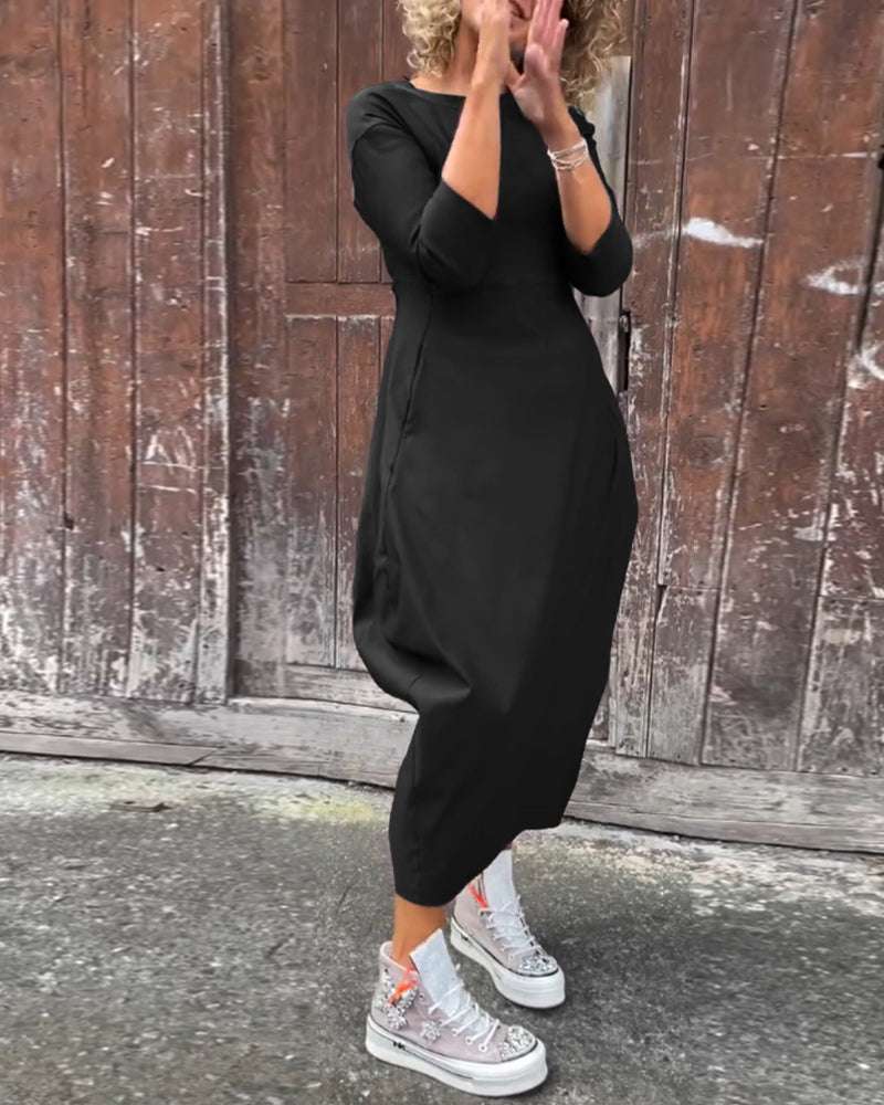 EB | Schlichtes Einfarbiges Elegantes Kleid mit Langen Ärmeln und Tasche