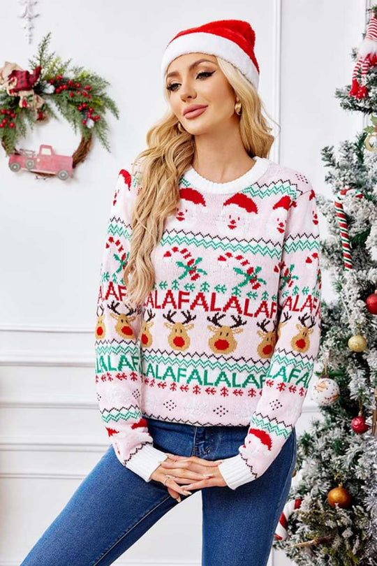 EB | Locker Sitzende Rundhals Weihnachts Cartoon Strickpullover - Pink