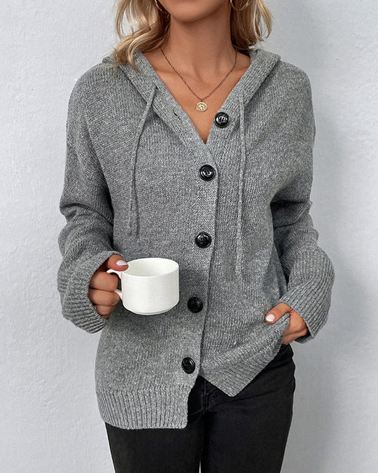 EB | Einfarbige Strickjacke mit Kapuze und Schnürsenkeln