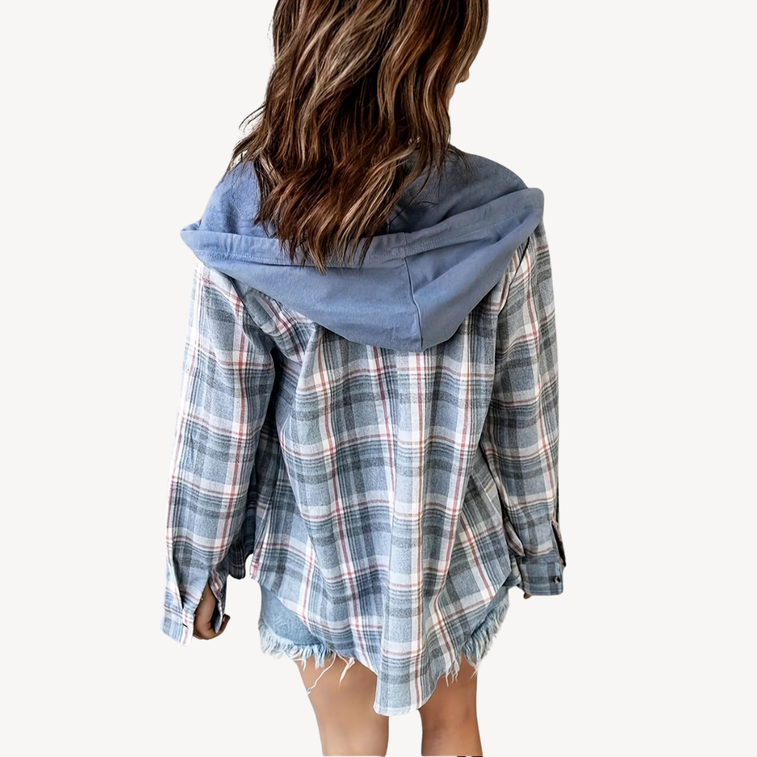 EB | Damen Karierte Button-Down Hemdjacke mit Kapuze