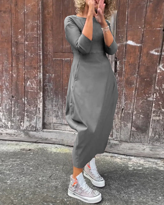 EB | Schlichtes Einfarbiges Elegantes Kleid mit Langen Ärmeln und Tasche