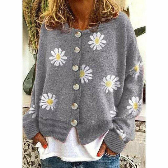 EB | Strickjacke - Damen Herbst Blumen Knopf-Überzieh Strickjacke