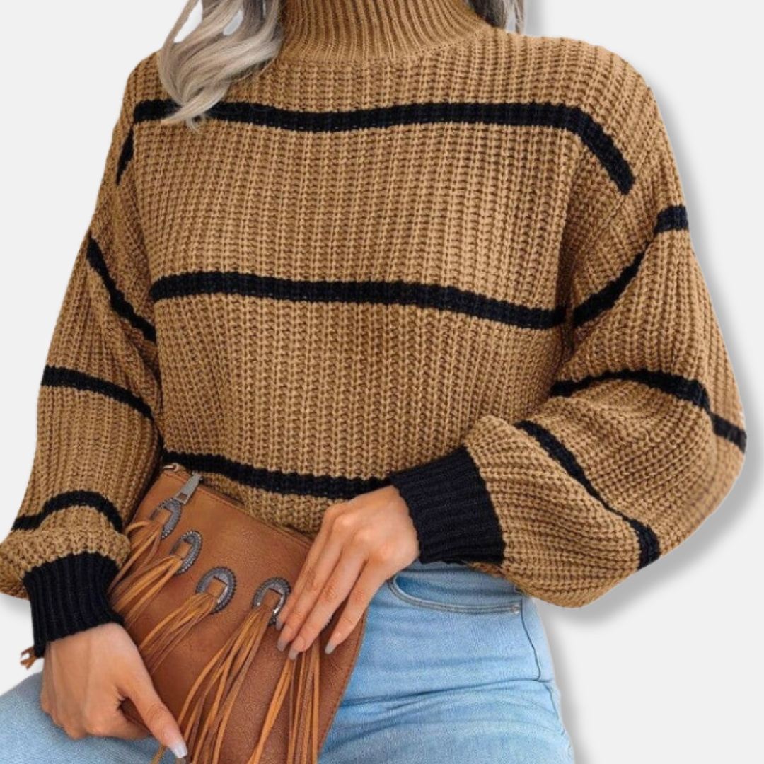EB | Strickpullover Weicher Gerippter Rollkragen Lockere Passform Klassische Streifen