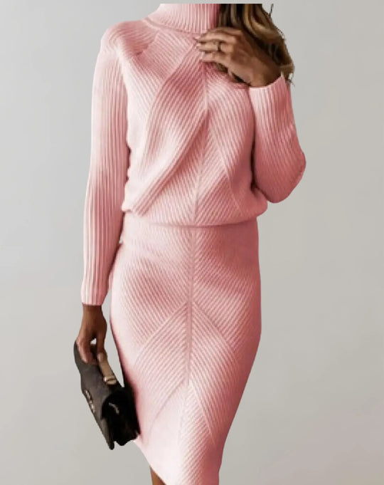 EB | Satz Gerippter Zweiteiler Slim Passform Rollkragenpullover und Midi Rock