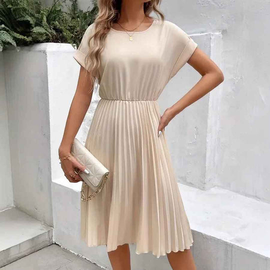 EB | Einfarbig Plissierter Kurzarmkleid