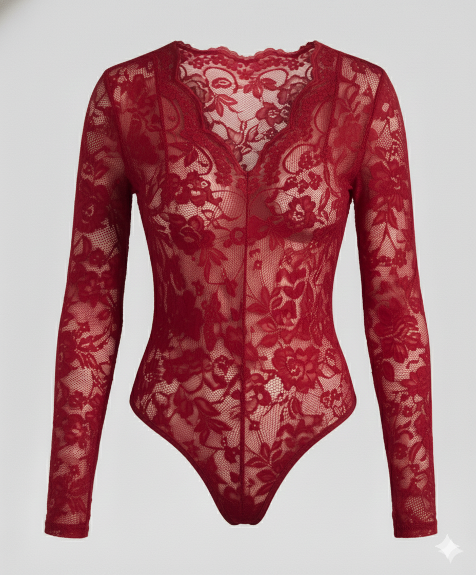 Damen Spitzenbody Langarm V-Ausschnitt | EB