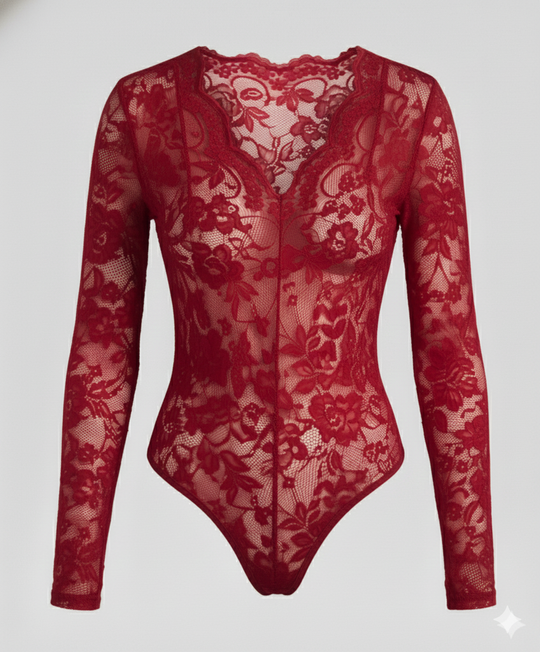 Damen Spitzenbody Langarm V-Ausschnitt | EB