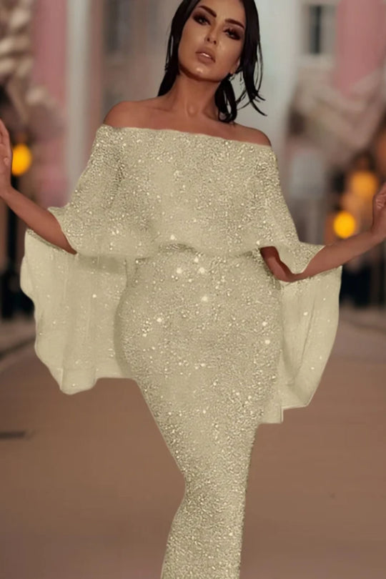 EB | Off-Shoulder Glitzer Maxi Kleid