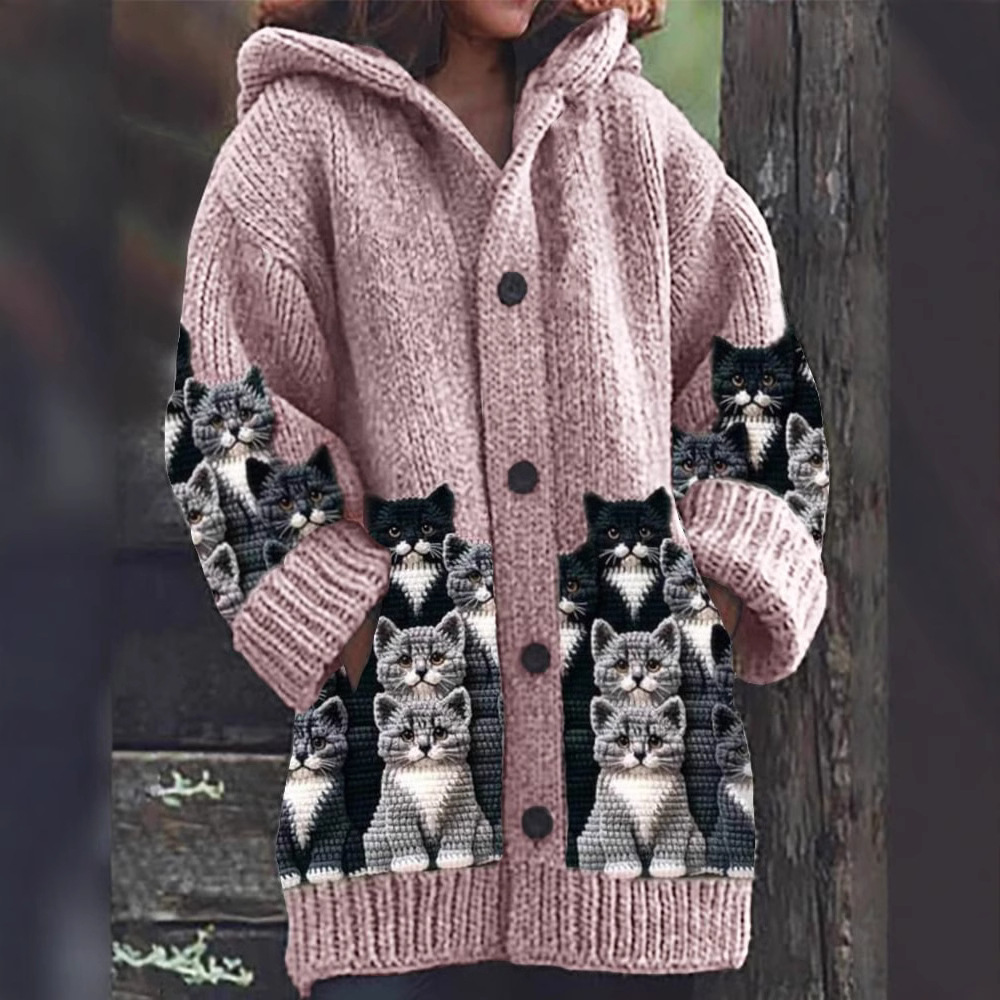 EB | Gemütlicher Gestrickter Katze Druck Cardigan
