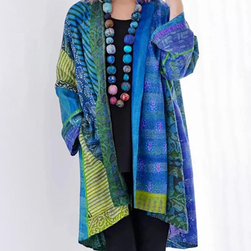 EB | Kimono-Jacke - Bohemian-Patchwork-Design - Leicht und Luftig - Langärmlig Offene Vorderseite