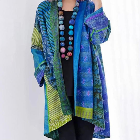 EB | Kimono-Jacke - Bohemian-Patchwork-Design - Leicht und Luftig - Langärmlig Offene Vorderseite