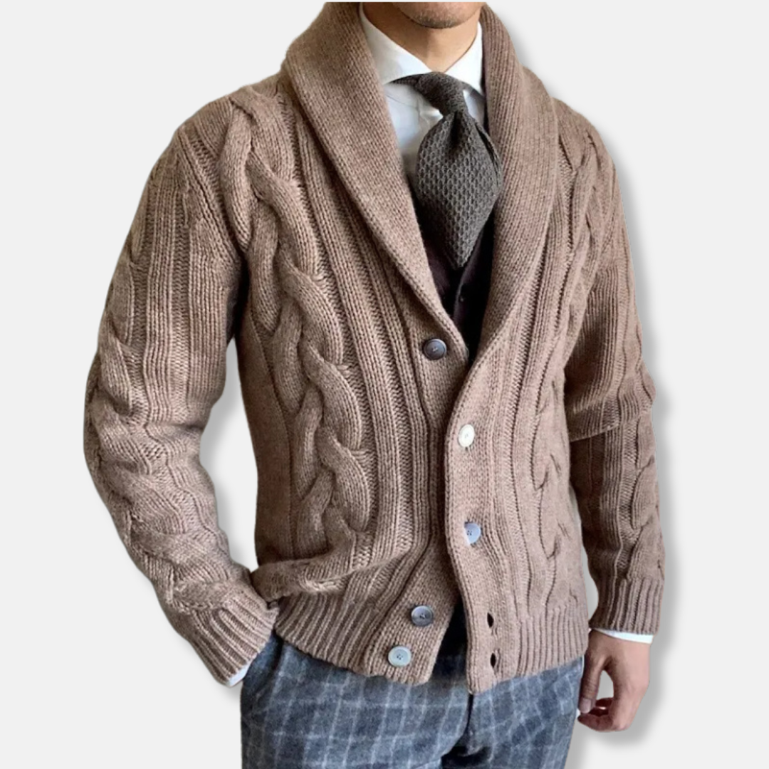 EB | Strickjacke Wollmischung Reguläre Passform Kabelstrick Schalkragen Knopfverschluss